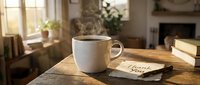 Steaming coffee mug on rustic wooden table with thank you note in cozy home interior, warm morning light and fireplace in background.