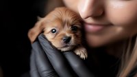 Adorable brown Pomeranian puppy with blue eyes held gently in black leather gloved hands against dark background, close-up portrait showing tender care.