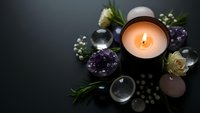 Spa wellness candle with healing crystals amethyst and flowers on dark background for relaxation meditation aromatherapy treatment and holistic therapy.