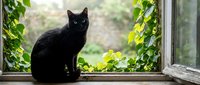 Black cat with green eyes sitting on a windowsill surrounded by lush green ivy leaves, gazing at the camera with calm curiosity.