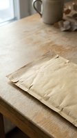 Crumpled brown kraft paper bag unfolded flat on a rustic wooden table with a ceramic mug in the soft background.
