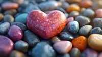 Heart-shaped red stone among colorful smooth pebbles on beach. Natural love symbol for romantic designs, Valentine's Day concepts, and wellness themes.