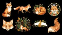 Watercolor fox illustrations isolated on transparent background, featuring sitting, walking, and resting poses with botanical elements. Ready for t-shirt design, clipart, stickers, sublimation, and print-on-demand products.