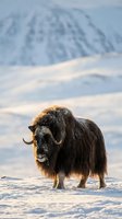Majestic musk ox with thick brown fur and curved horns standing in snowy Arctic landscape with mountain backdrop during golden hour winter light.