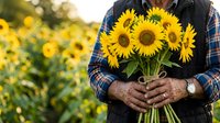 Farmer holding fresh sunflower bouquet in field during harvest season. Agricultural worker with yellow blooms ready for sale or arrangement.