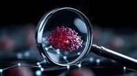 Magnifying glass examining red molecular structure on dark background with connected atoms, representing scientific research and discovery in microbiology.
