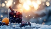Festive winter cocktail with mulled wine, cranberries and cinnamon stick garnish against blurred bokeh lights and snow background, holiday drink styling.