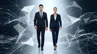 Professional business team walking forward through futuristic digital network tunnel with geometric light patterns for corporate technology presentations.