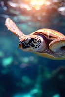 Green sea turtle swimming in deep blue ocean waters with soft bokeh light effects and turquoise underwater background, close-up portrait view.