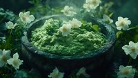 Green matcha tea powder in rustic stone bowl surrounded by delicate white jasmine flowers creates serene Asian wellness composition in moody garden setting.