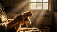 Ginger tabby cat sitting on cushion by window with sunlight streaming through glass panes in rustic interior setting.