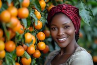 Young African woman in burgundy headwrap smiling brightly near orange citrus trees in garden, natural outdoor portrait showing joy and authenticity.