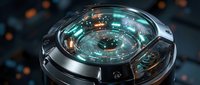 Futuristic spherical device with glowing turquoise core and digital interface, featuring metallic chrome casing and illuminated circuit patterns for sci-fi technology concepts.
