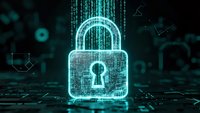 Glowing cyan padlock hologram with digital matrix code rain and circuit patterns on dark futuristic background for cybersecurity and data protection concepts.