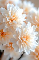 Delicate white dahlia flowers with soft peach centers in macro photography. Dreamy floral background with selective focus creates romantic mood for wedding and celebration designs.