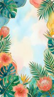 Watercolor tropical frame with monstera leaves, palm fronds, hibiscus and protea flowers in pastel tones with gold outlines, copy space center.