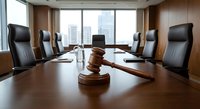 Modern corporate boardroom with wooden gavel on conference table, executive leather chairs and city skyline view through windows for legal business meetings.