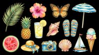 Watercolor summer clipart set with tropical elements isolated on transparent background, ready for t-shirts, stickers, sublimation, and print on demand designs.
