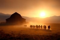 Silhouettes of cattle herd walking in line toward barn during golden sunset, with misty mountain landscape and dramatic orange sky creating rustic ranch atmosphere.