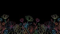 Colorful line art floral border with roses and wildflowers on black background for greeting cards, invitations and decorative design projects.