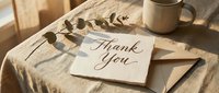 Handwritten thank you card with kraft envelope on linen table, eucalyptus branch and ceramic mug in warm sunlight, cozy aesthetic.