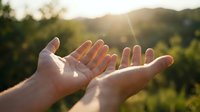 Open hands reaching toward golden sunlight with natural landscape background, symbolizing hope, spirituality, and connection with nature at sunset.