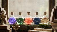 Colorful magical potions in glass bottles with cork stoppers arranged on wooden shelf with mystical elements for fantasy gaming and storytelling projects.