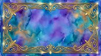 Ornate golden frame with swirling filigree border surrounding vibrant watercolor wash in purple, blue, and teal tones. Suitable for backgrounds, invitations, and design projects.