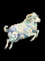 Leaping ram in ornate Chinese folk art style with blue, teal, and gold floral patterns, isolated on transparent background, ready for stickers, sublimation, and t-shirt design.