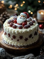 Festive Christmas cake with Santa Claus decoration, berries and pinecones on wooden board with warm bokeh lights background for holiday celebrations.