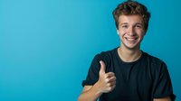 Young caucasian man with curly hair wearing black t-shirt showing thumbs up gesture against bright blue background, expressing positivity and approval.