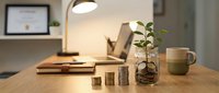 Modern minimalist workspace with plant in glass vase, coffee cup, books and warm lighting on wooden desk creating cozy productive home office atmosphere.