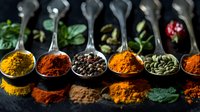 Aromatic spices and herbs in vintage silver spoons on dark background with reflection. Colorful turmeric, paprika, black pepper, cardamom and curry powder.