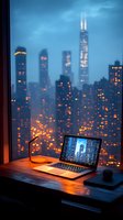 Laptop on wooden desk by window overlooking illuminated city skyline at dusk, with desk lamp casting warm glow against dramatic urban backdrop.