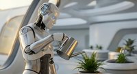 Humanoid robot watering plants in modern futuristic interior with white architecture. AI assistant caring for green houseplants in contemporary home setting.
