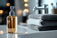 Glass soap dispenser with amber liquid and folded gray towels in modern bathroom setting with soft bokeh lights, creating luxurious spa atmosphere.