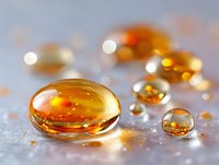 Golden liquid drops on light textured surface with soft bokeh effect and reflections create elegant macro composition showing transparency and natural amber color.