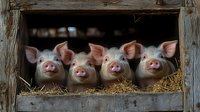 Four adorable pink piglets looking out from rustic wooden barn window with straw bedding. Farm animals livestock agriculture concept for rural design.