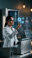 Female scientist analyzing virus data on futuristic holographic display in modern laboratory with medical research technology and digital interface.