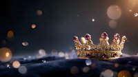 Golden royal crown with gemstones on dark background with magical bokeh lights and soft focus, luxury monarchy symbol for celebration designs.
