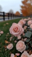 Delicate pink roses bloom along rustic fence line in autumn setting, soft petals unfold against blurred background of fall foliage and wooden posts.