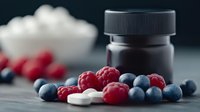 Fresh raspberries and blueberries scattered around white pills and dark medicine bottle on dark surface, dramatic lighting and shallow depth of field.