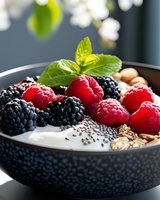 Healthy breakfast bowl with fresh raspberries, blackberries, yogurt, nuts and chia seeds topped with mint for nutritious morning meal and diet concept.