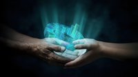 Hands holding glowing holographic city model with futuristic buildings and blue light effects on dark background for technology and urban planning concepts.