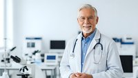Senior male doctor with gray hair and glasses smiling confidently in modern medical laboratory with microscope and equipment background.