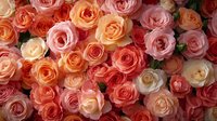 Vibrant arrangement of blooming roses in shades of coral, pink, peach, and cream, densely packed for floral design, wedding, and celebration backgrounds.