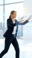 Professional businesswoman interacting with futuristic holographic data interface displaying charts and analytics in modern office environment.