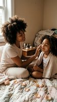 Adult woman of African descent with curly hair applying skincare products to young girl's face in bedroom setting, bonding moment for beauty routine and family care.