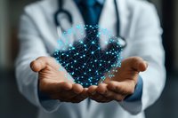 Male doctor in white coat holding glowing blue digital network sphere representing healthcare technology and medical innovation in modern medicine.