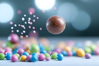 Colorful candy spheres with floating chocolate ball against blurred bokeh background. Macro photography of sweet treats with soft focus effect creates magical confectionery scene.